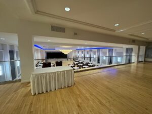 A photo of the spacious balcony overlooking the Grand Ballroom at the Polish Hall's banquet facility near downtown Edmonton.