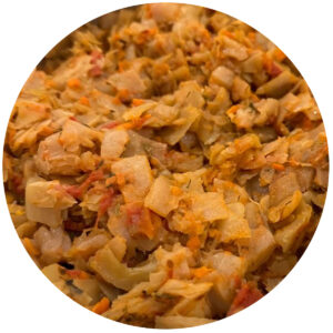 Bigos, or Polish Hunter's stew, is shown here - a combination of multiple varieties of meat with saurkraut and spices.
